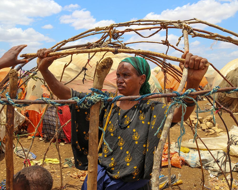 A mother constructs a temporary house 